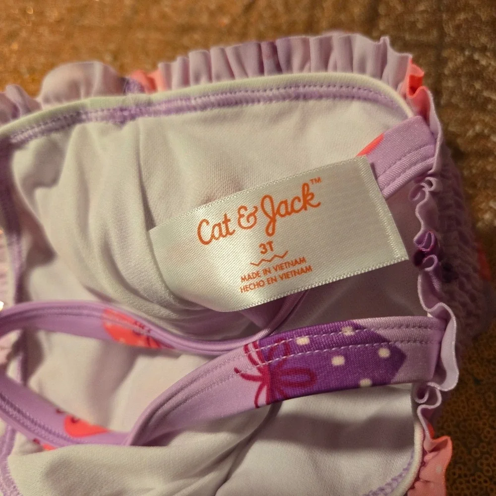 Cat & Jack Girls Purple‎ Strawberry Smocked One Piece Swimsuit UPF 50+ Size 3T